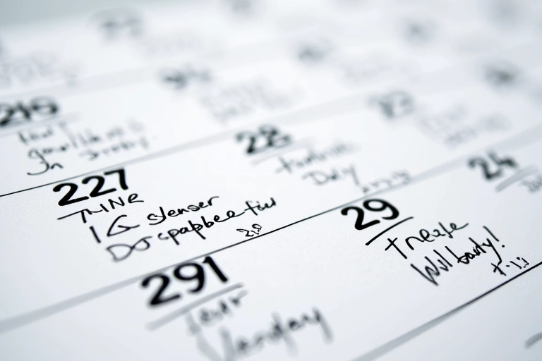 Kalendarz z zaznaczonymi datami i notatkami, symbolizujący długoterminowy plan i postępy